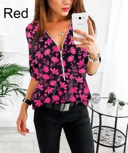 Women Floral Zipper Shirt Blue V-Neck Medium
