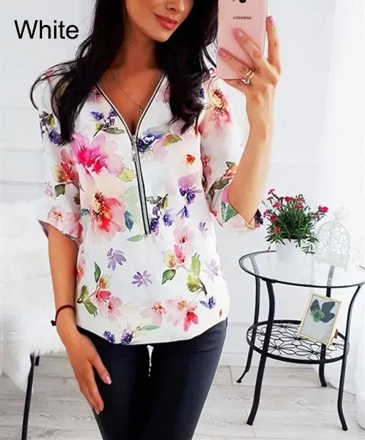 Women Floral Zipper Shirt Blue V-Neck Medium
