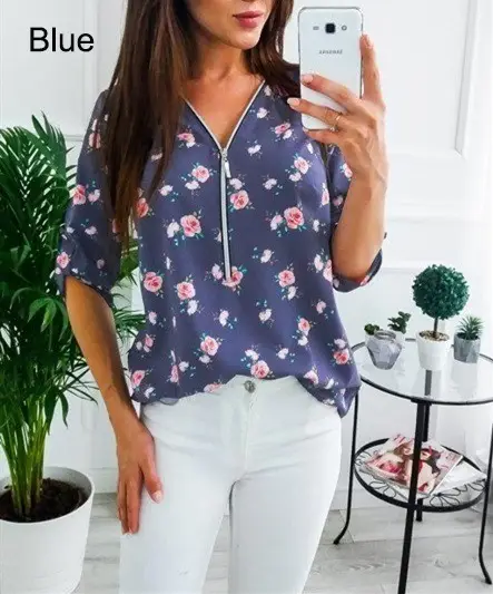Women Floral Zipper Shirt Blue V-Neck Medium