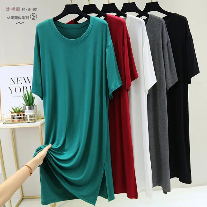 2021 Cotton Split Hem Casual Dress Green Round Neck - Image 6