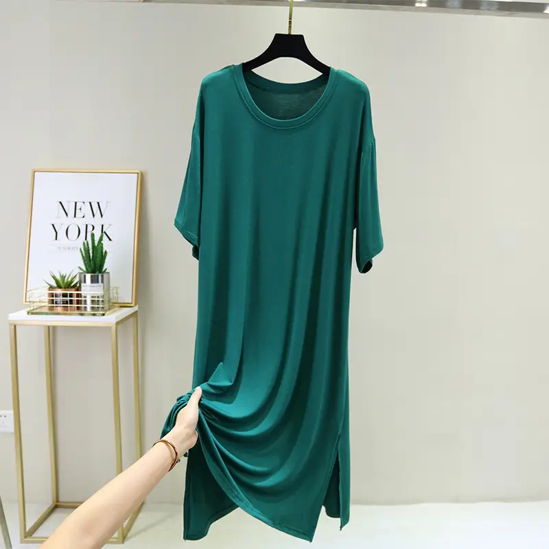 2021 Cotton Split Hem Casual Dress Green Round Neck - Image 7