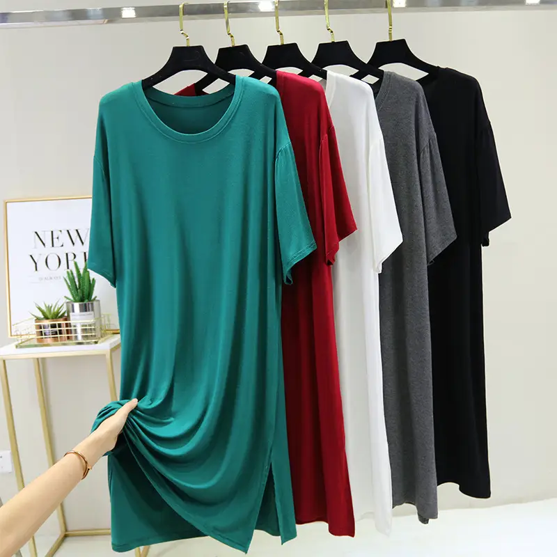 2021 Cotton Split Hem Casual Dress Green Round Neck - Image 9