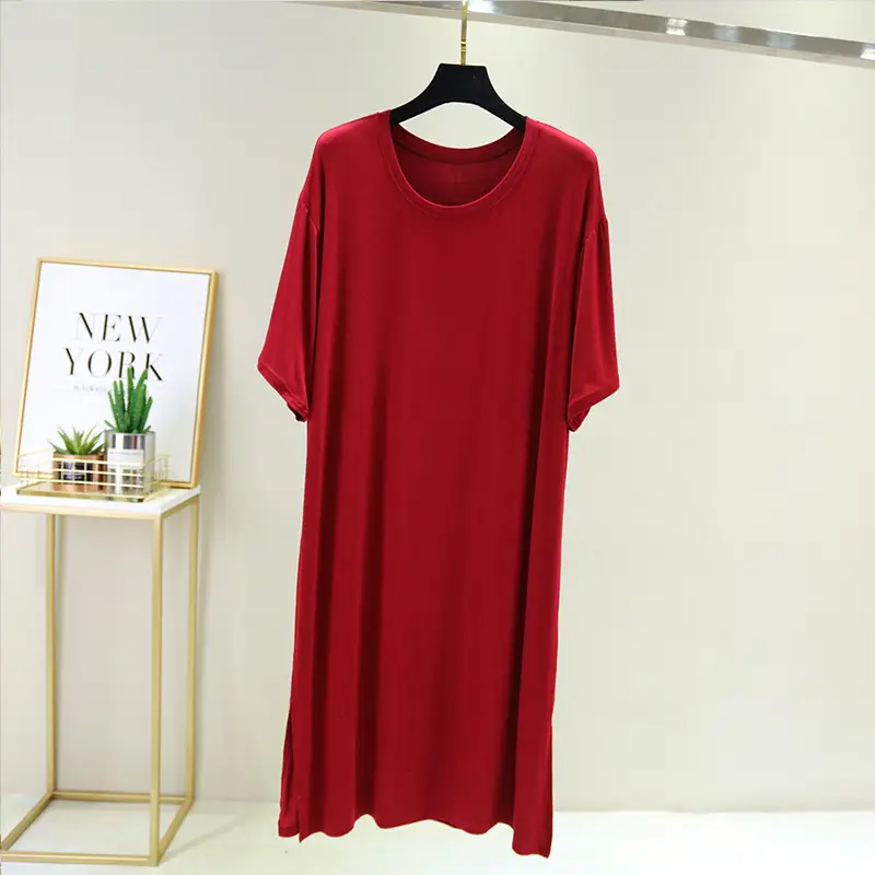 2021 Cotton Split Hem Casual Dress Green Round Neck - Image 2