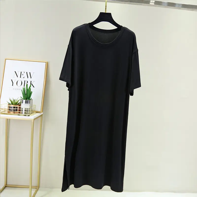 2021 Cotton Split Hem Casual Dress Green Round Neck - Image 3