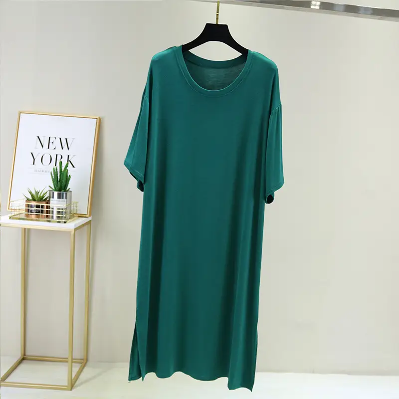2021 Cotton Split Hem Casual Dress Green Round Neck - Image 4