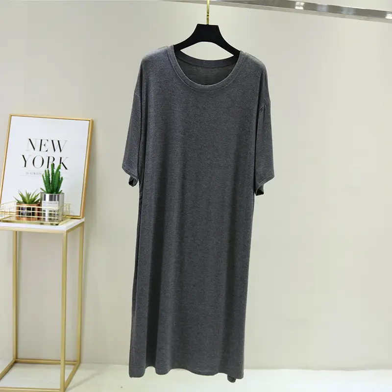 2021 Cotton Split Hem Casual Dress Green Round Neck - Image 5