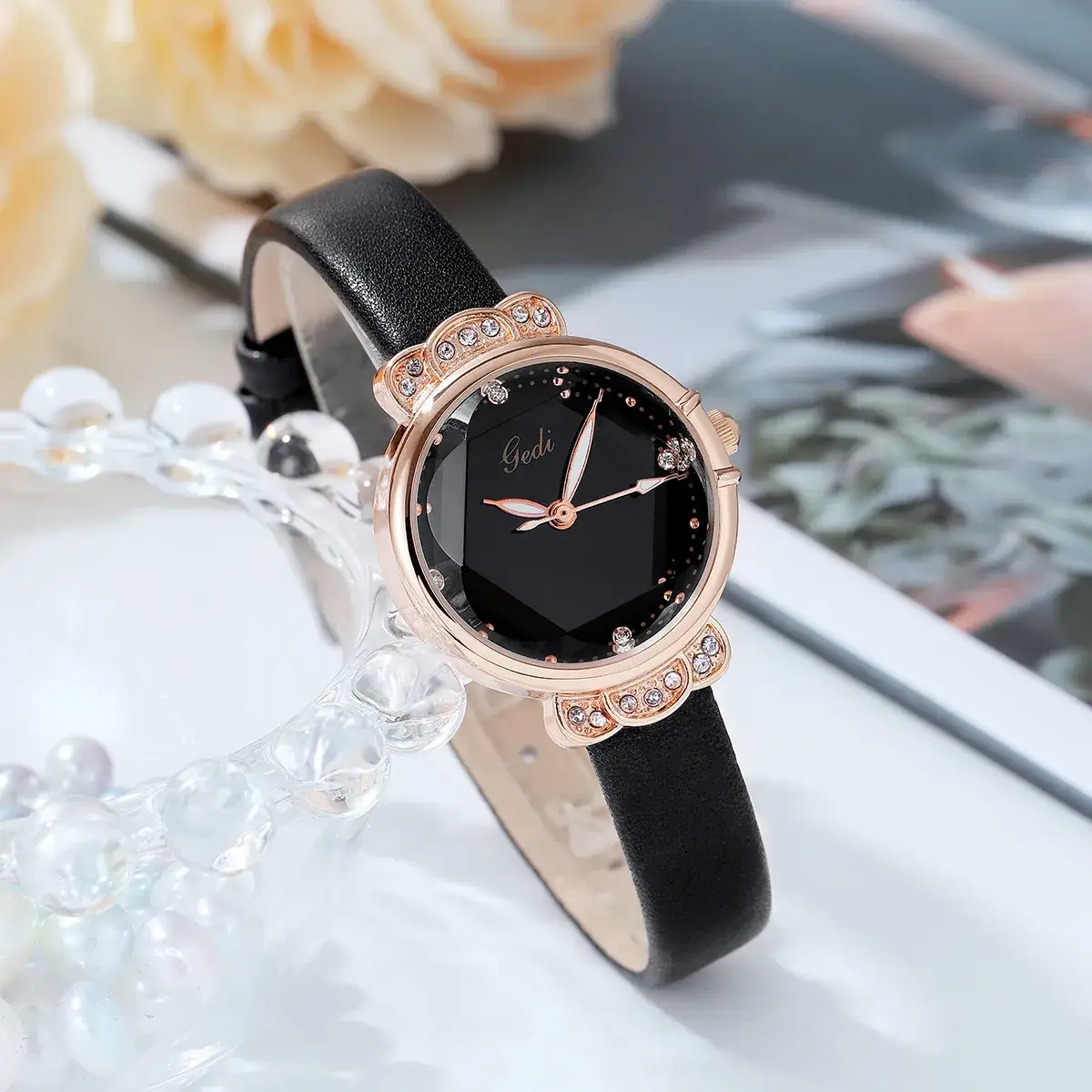 Women's Diamond-Encrusted Wristwatch with Black Strap - Image 7
