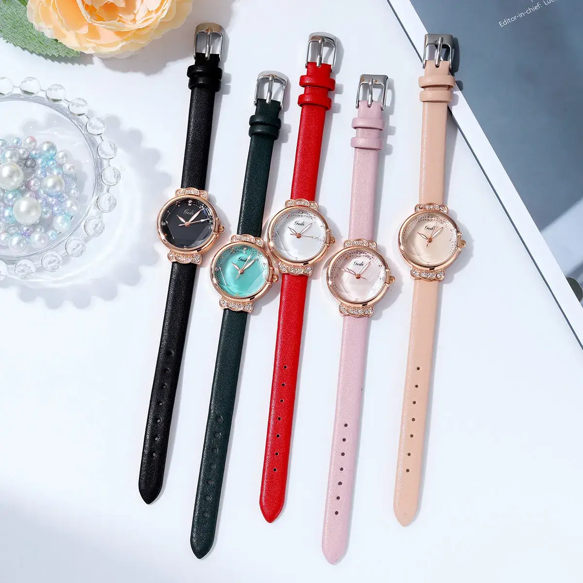 Women's Diamond-Encrusted Wristwatch with Black Strap - Image 9