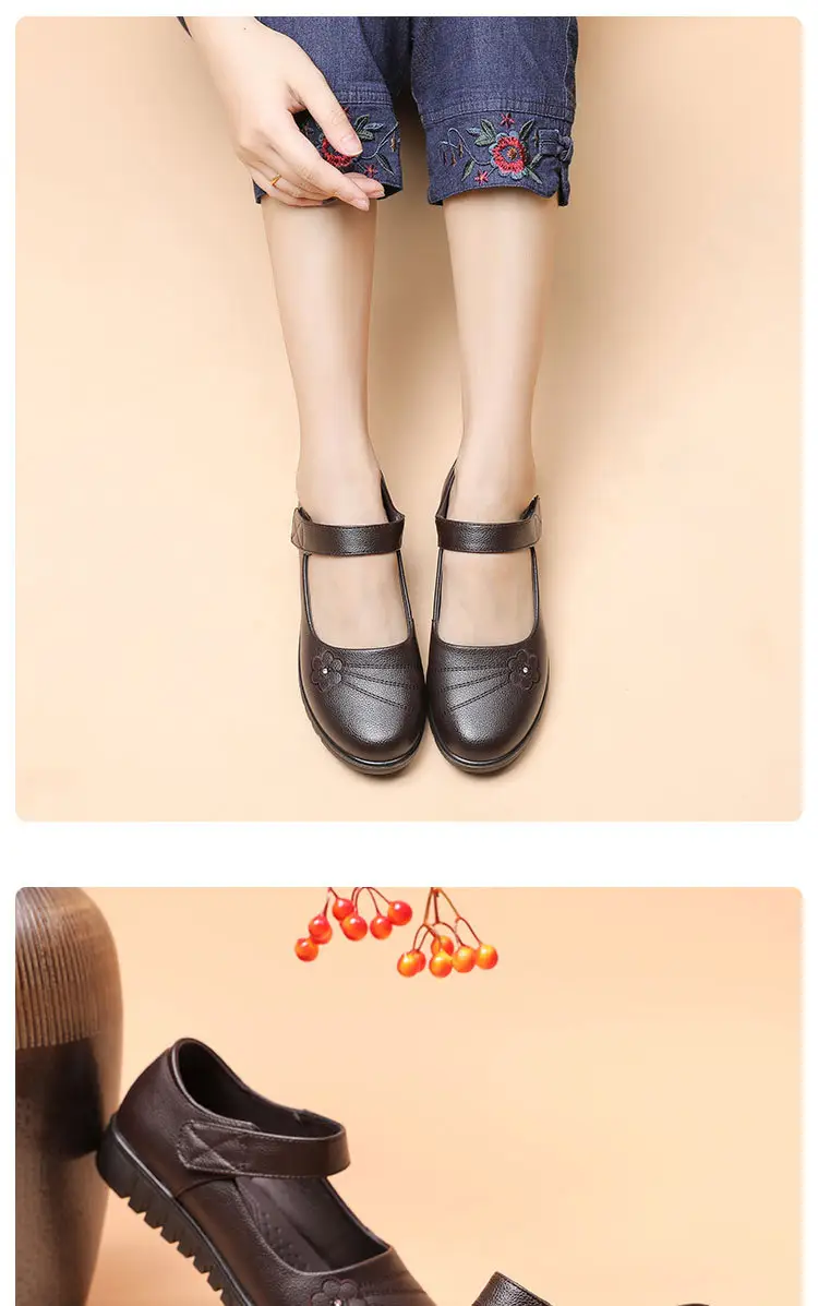 Genuine Leather Shoes for Elderly Women, First Layer Cowhide, Non-Slip Leather Shoes for Middle-Aged and Elderly Women, Mother's Shoes, Flat Shoes, Large Size, Velcro Fastener — feature 11
