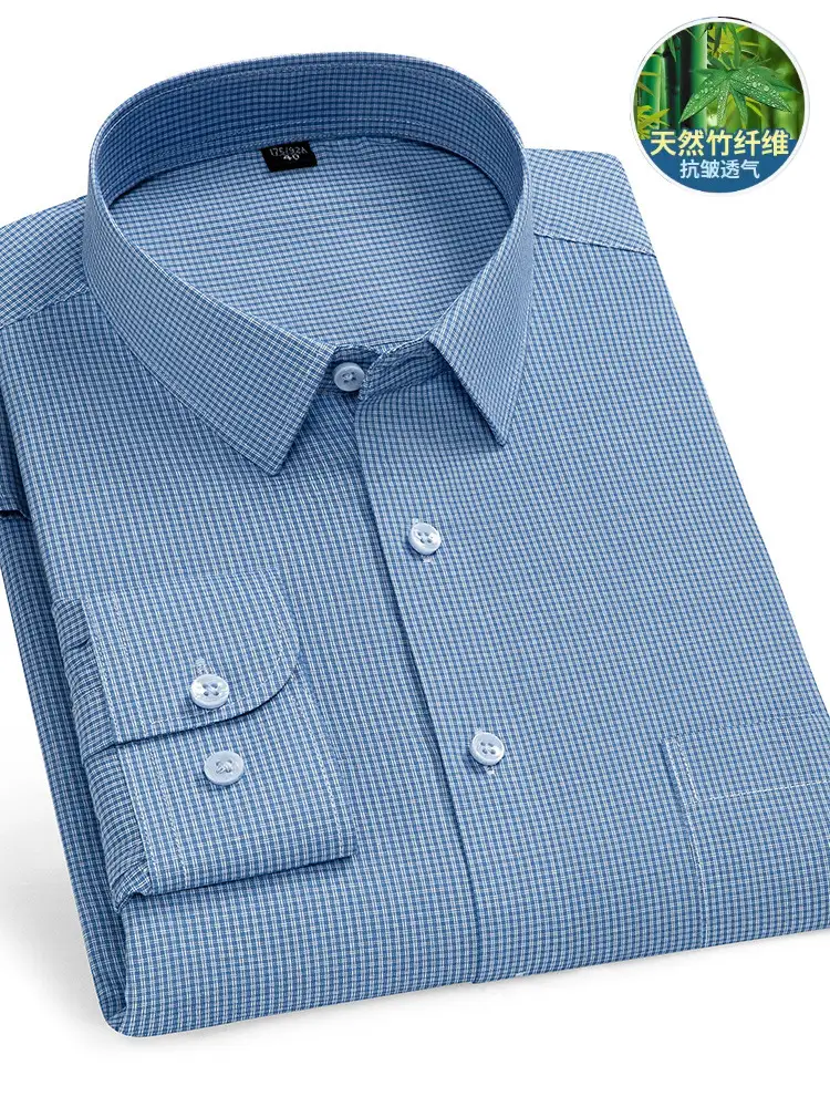 Men Cotton Blue Long Sleeve Shirt for Elderly Dad
