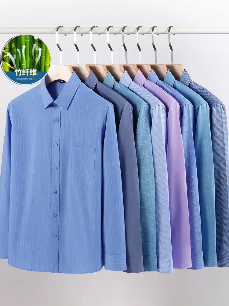 Men Cotton Blue Long Sleeve Shirt for Elderly Dad