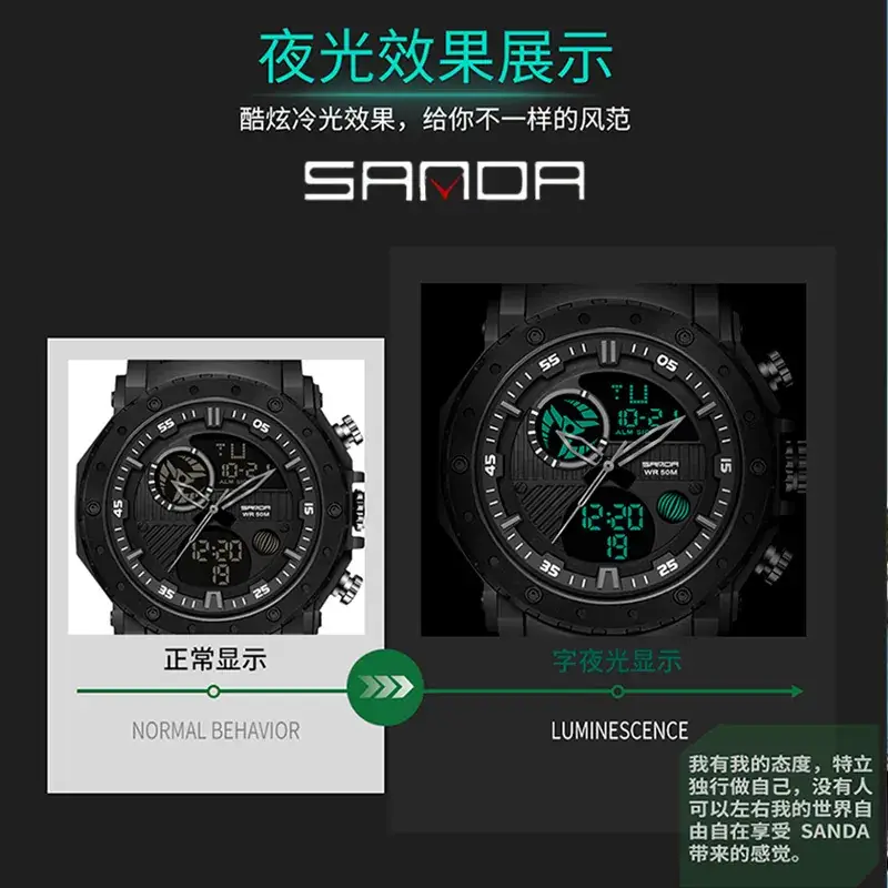 Sanda Dual-Display Waterproof Men's Watch Black Gold