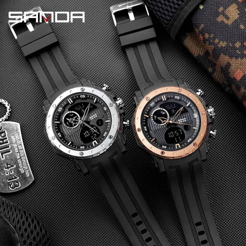 Sanda Dual-Display Waterproof Men's Watch Black Gold