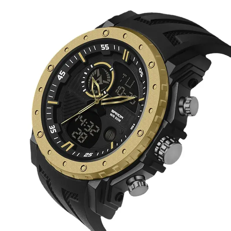 Sanda Dual-Display Waterproof Men's Watch Black Gold
