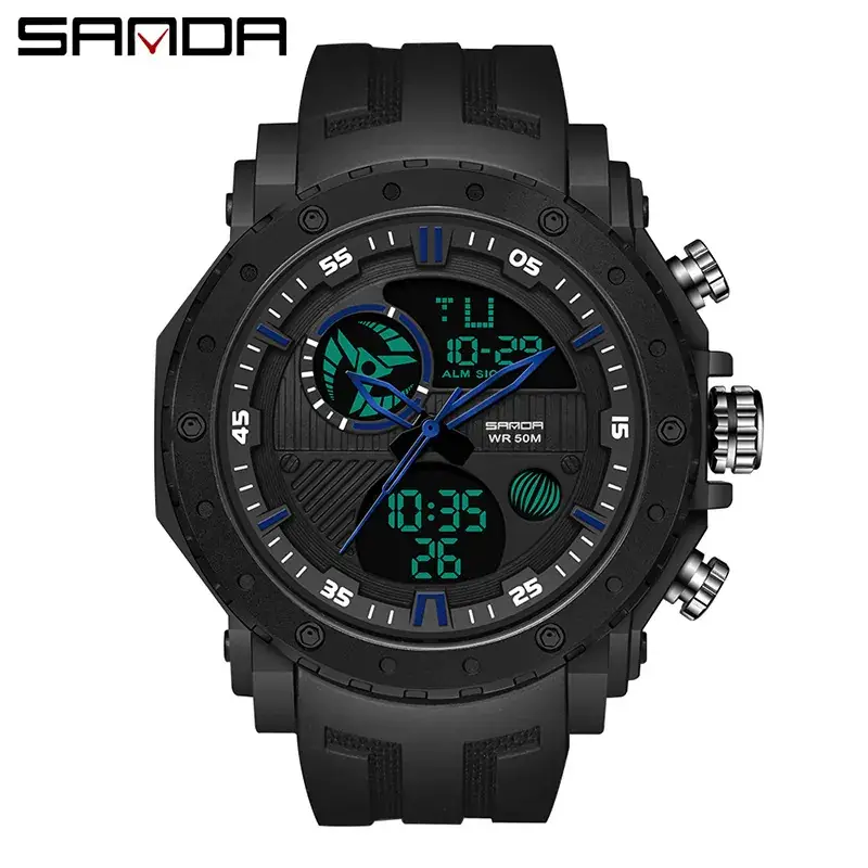Sanda Dual-Display Waterproof Men's Watch Black Gold