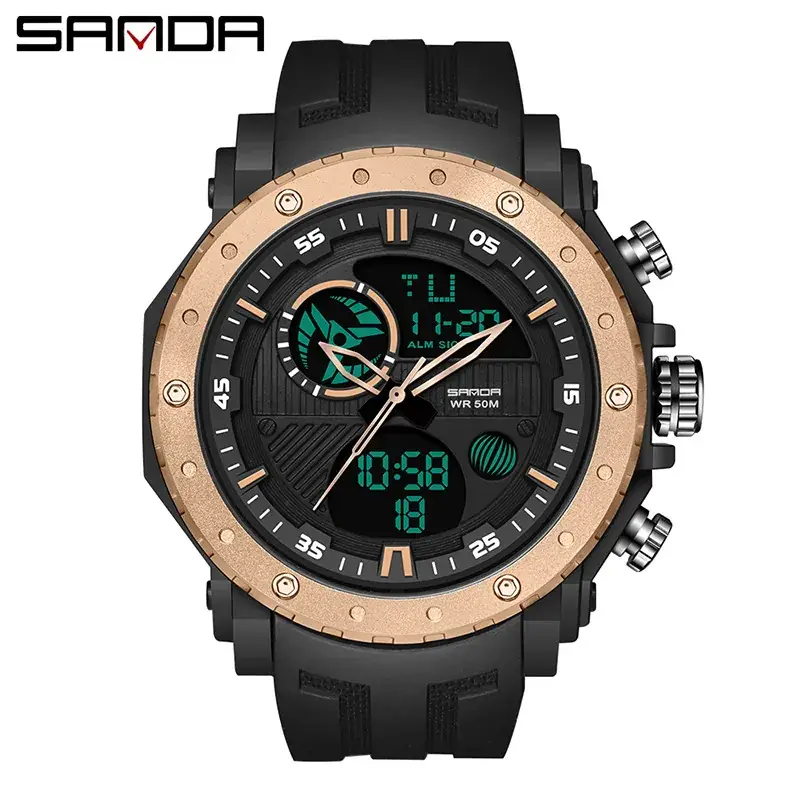 Sanda Dual-Display Waterproof Men's Watch Black Gold