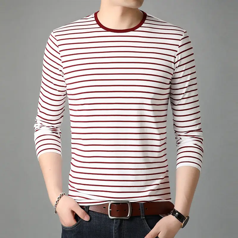 Men Red White Striped Long Sleeve T-Shirt - Image 10