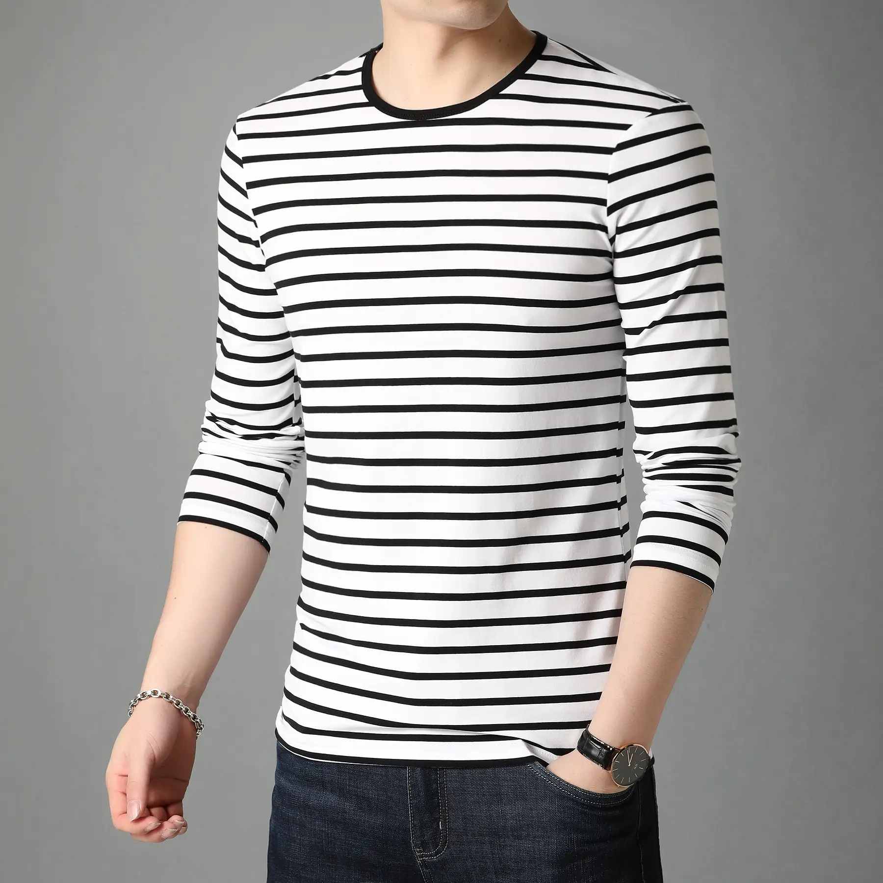 Men Red White Striped Long Sleeve T-Shirt - Image 2