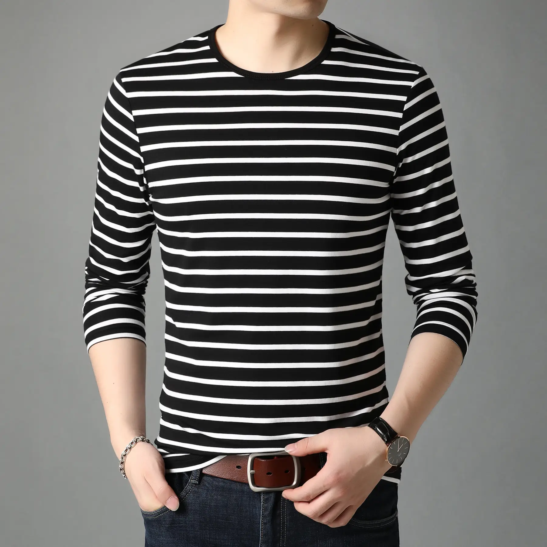 Men Red White Striped Long Sleeve T-Shirt - Image 3