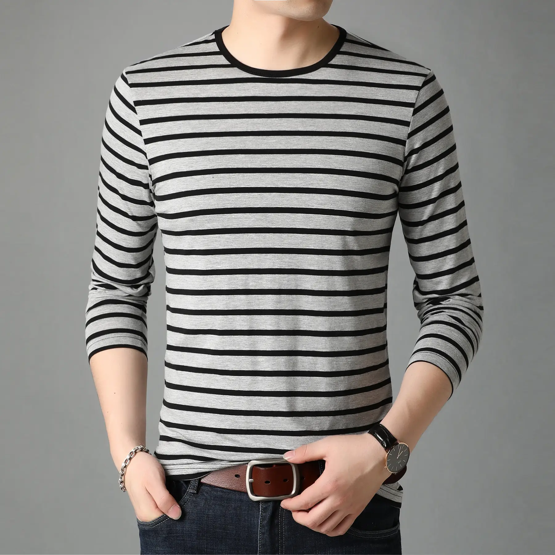 Men Red White Striped Long Sleeve T-Shirt - Image 4