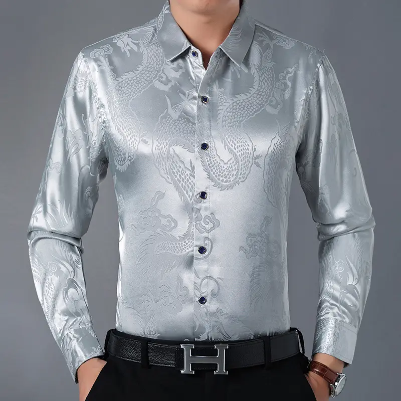 Men's Dragon Print Mercerized Cotton Shirt Red - Image 9