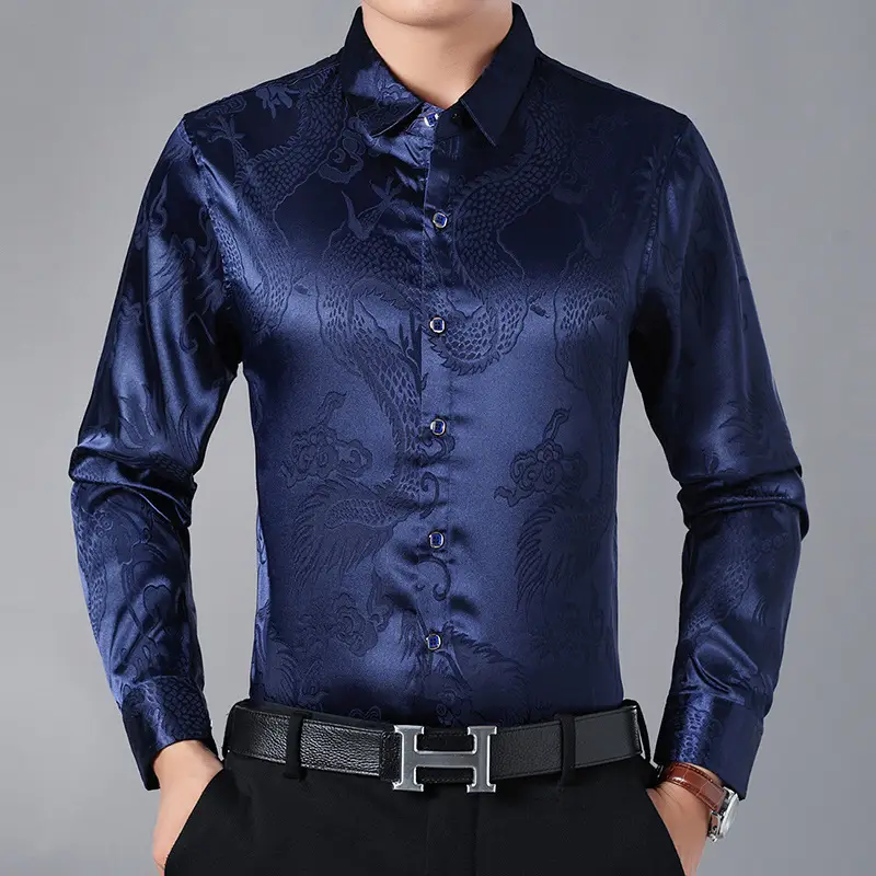 Men's Dragon Print Mercerized Cotton Shirt Red - Image 10