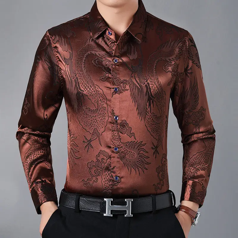 Men's Dragon Print Mercerized Cotton Shirt Red - Image 11