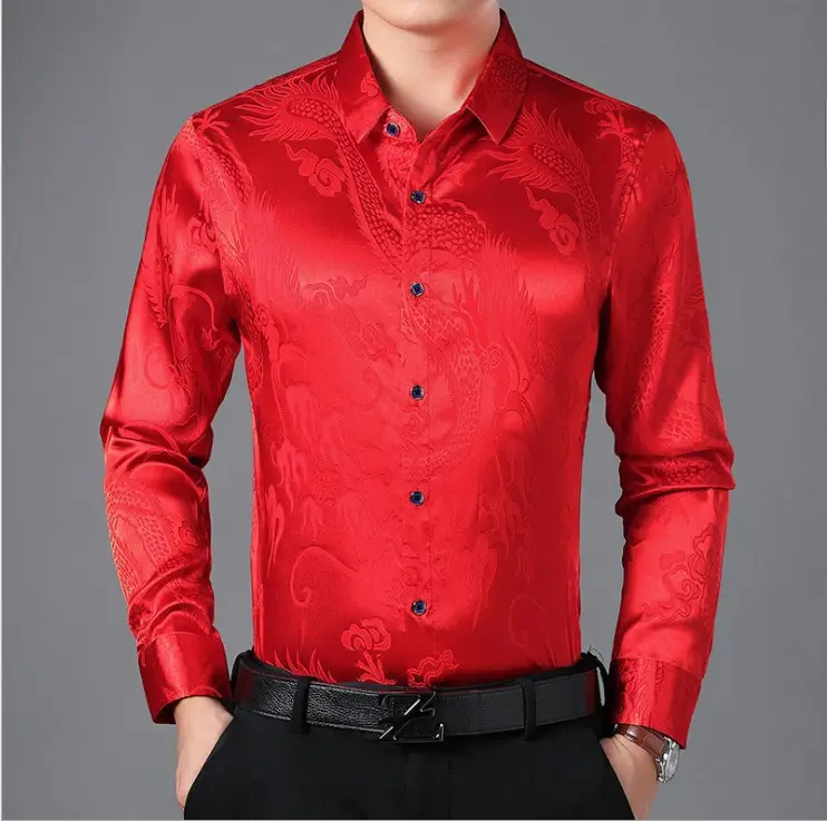 Men's Dragon Print Mercerized Cotton Shirt Red - Image 2