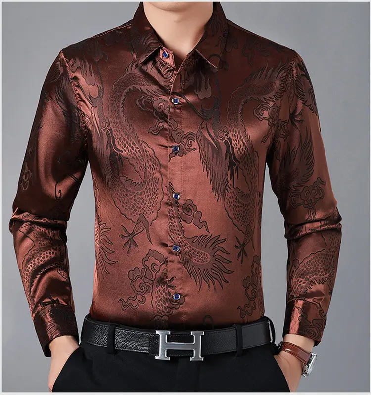 Men's Dragon Print Mercerized Cotton Shirt Red - Image 3