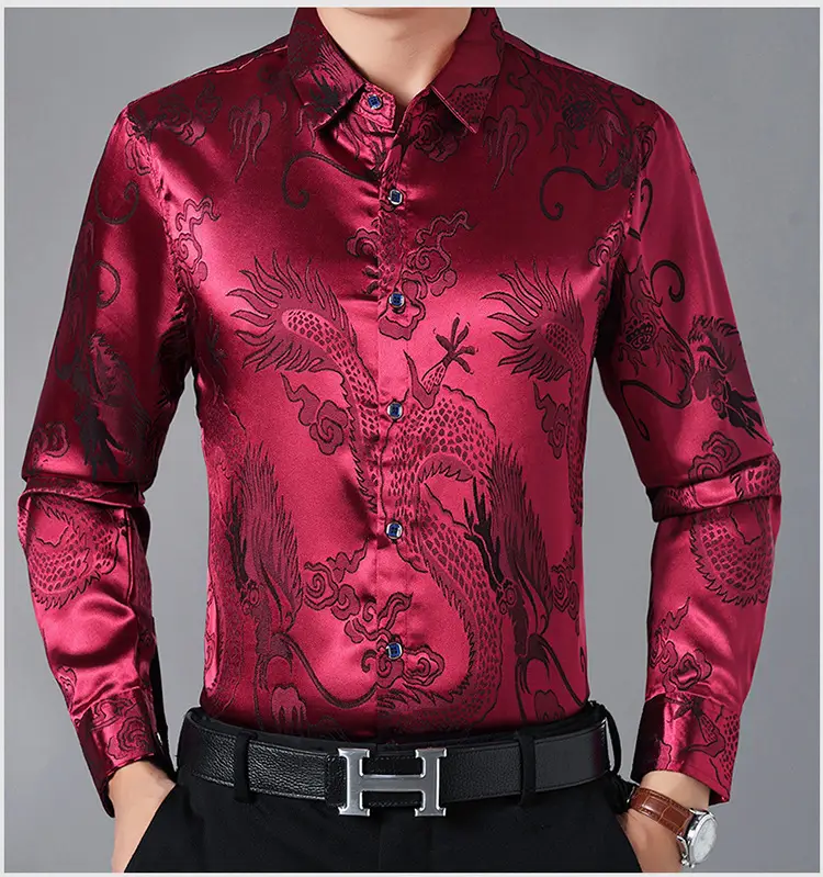 Men's Dragon Print Mercerized Cotton Shirt Red - Image 6