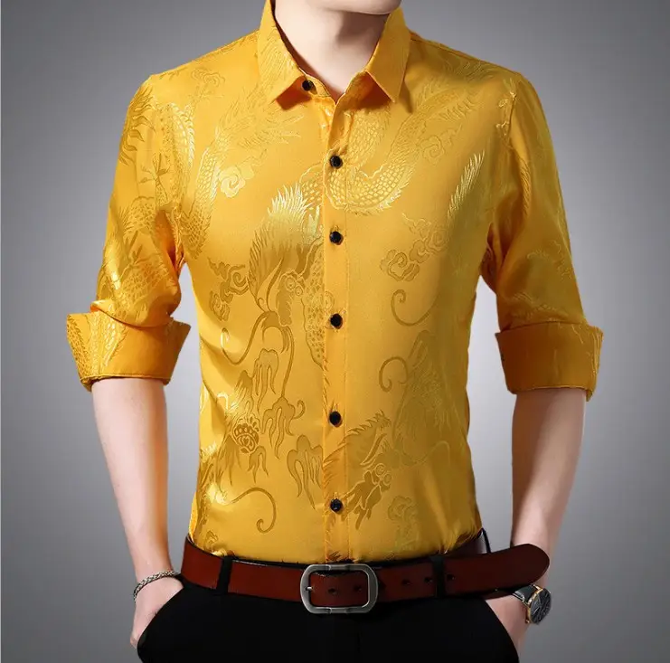 Men's Dragon Print Mercerized Cotton Shirt Red - Image 7