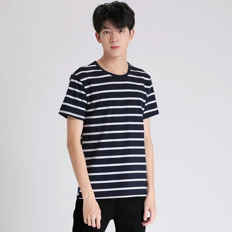 Men Black White Striped T-Shirt Loose Summer Classic Korean Style - Image 3