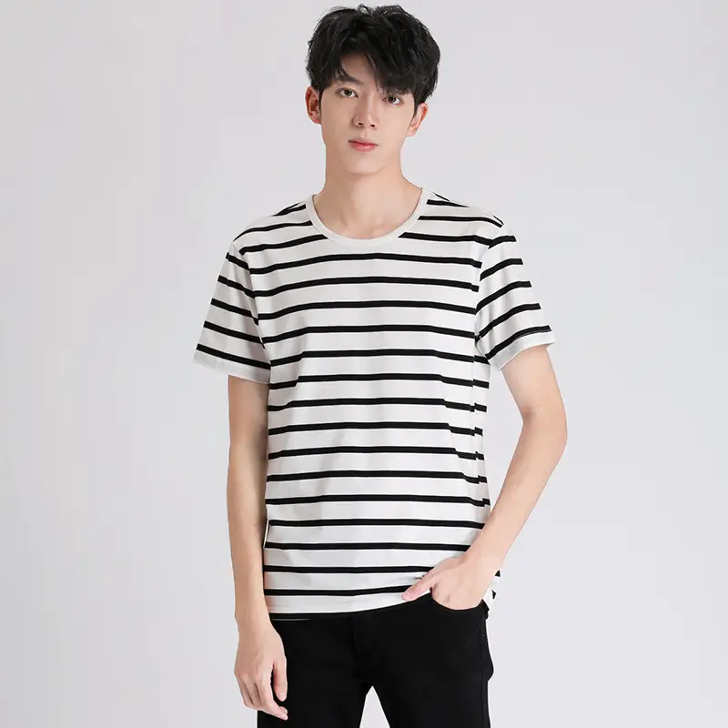 Men Black White Striped T-Shirt Loose Summer Classic Korean Style - Image 5