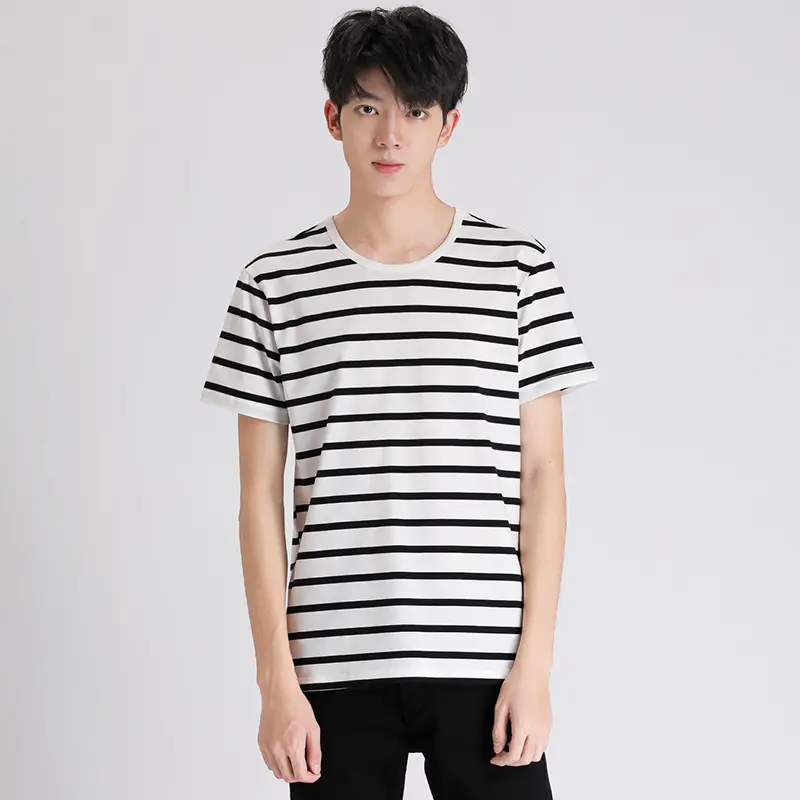 Men Black White Striped T-Shirt Loose Summer Classic Korean Style - Image 6