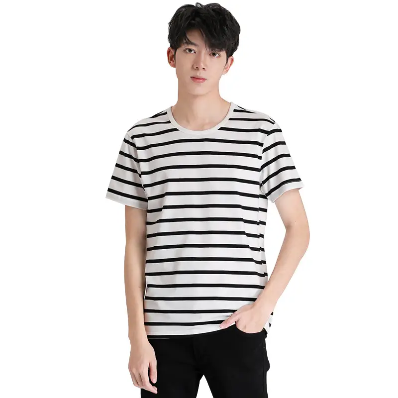 Men Black White Striped T-Shirt Loose Summer Classic Korean Style - Image 7