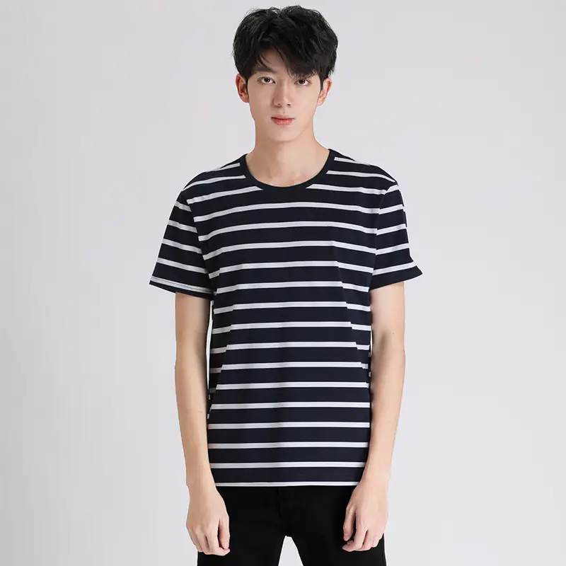 Men Black White Striped T-Shirt Loose Summer Classic Korean Style - Image 2