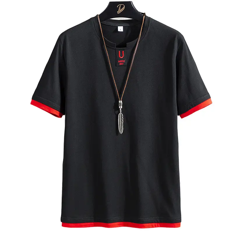 Men Black Round Neck T-Shirt 2025 Summer Loose Cotton