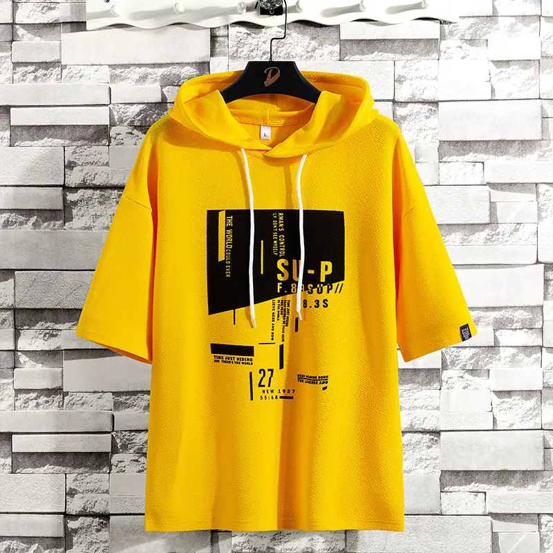 2025 Men Yellow Hooded T-Shirt with Graphic Print