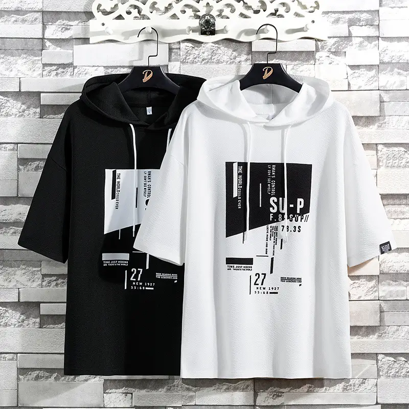 2025 Men Yellow Hooded T-Shirt with Graphic Print