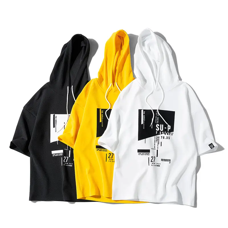 2025 Men Yellow Hooded T-Shirt with Graphic Print
