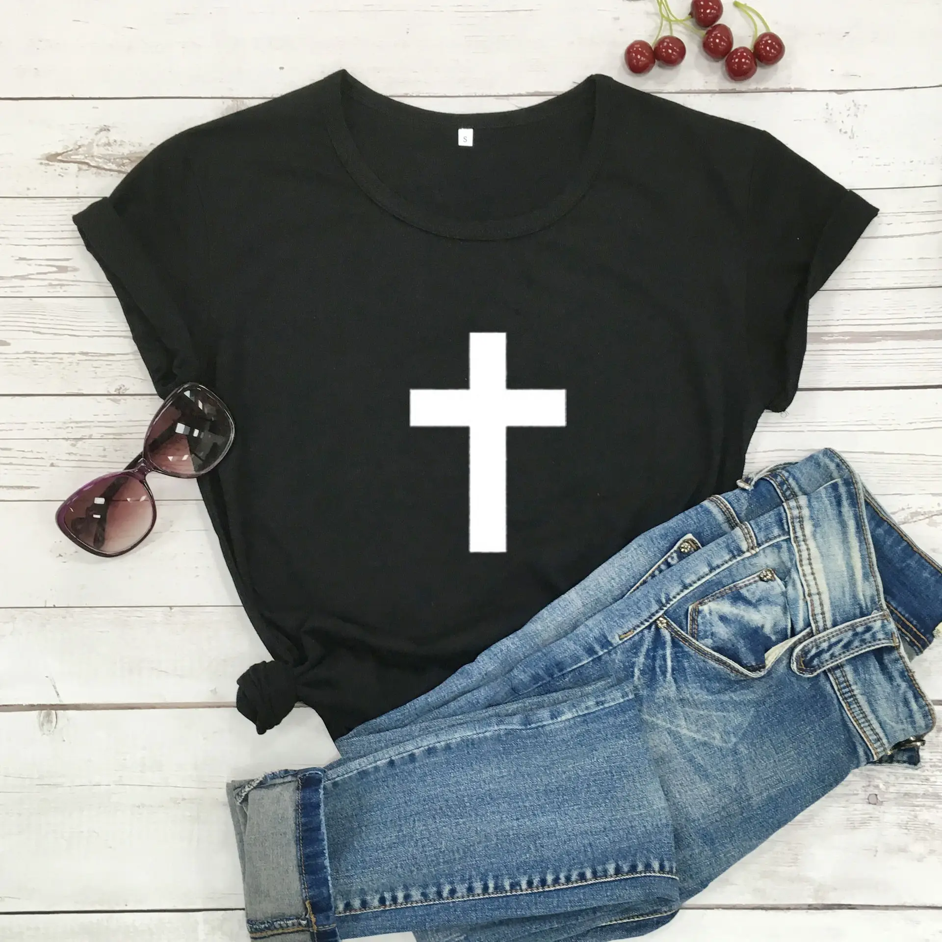 Pink T-Shirt with Black Cross Print Short Sleeve - Image 2