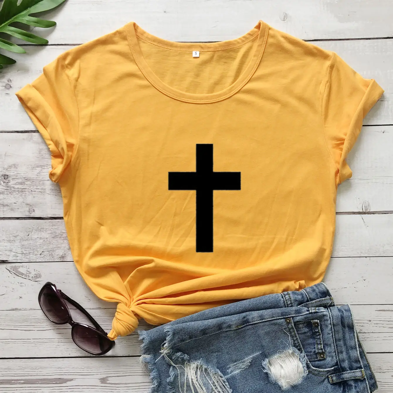 Pink T-Shirt with Black Cross Print Short Sleeve - Image 3