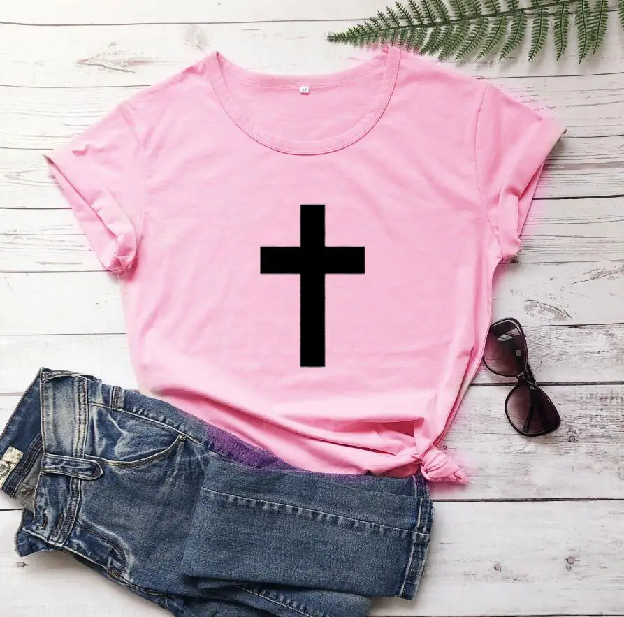 Pink T-Shirt with Black Cross Print Short Sleeve - Image 4