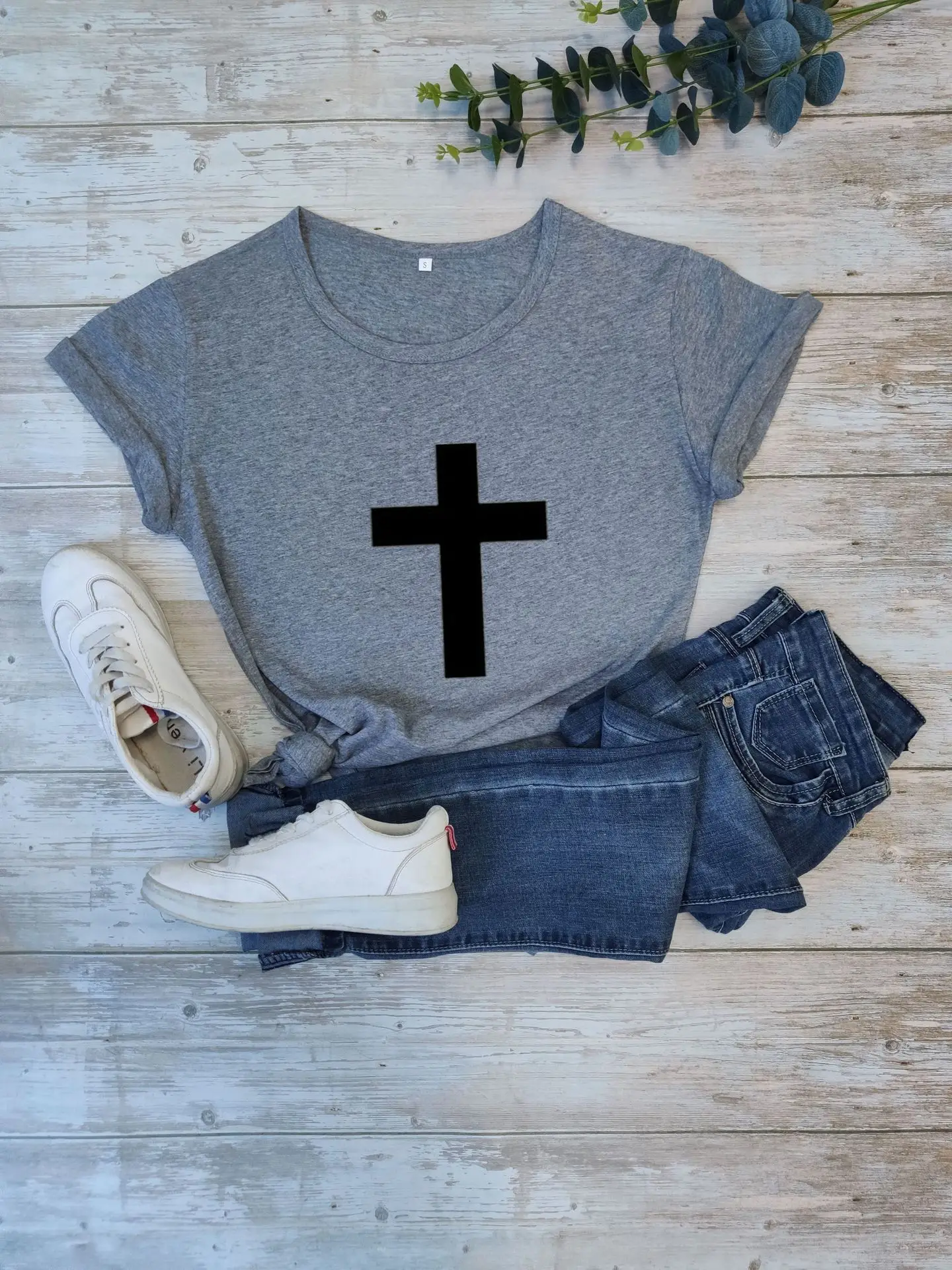 Pink T-Shirt with Black Cross Print Short Sleeve - Image 6