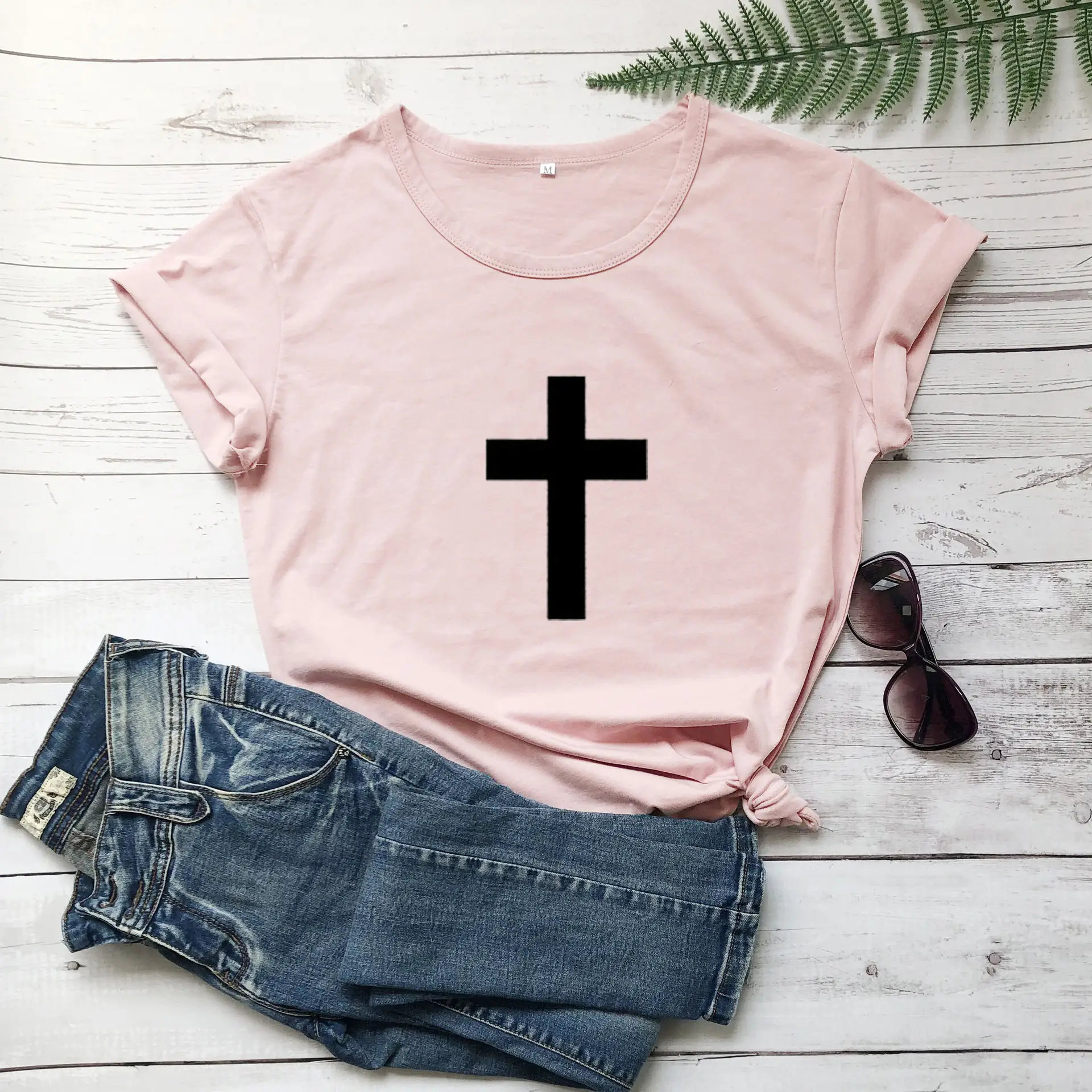 Pink T-Shirt with Black Cross Print Short Sleeve - Image 7