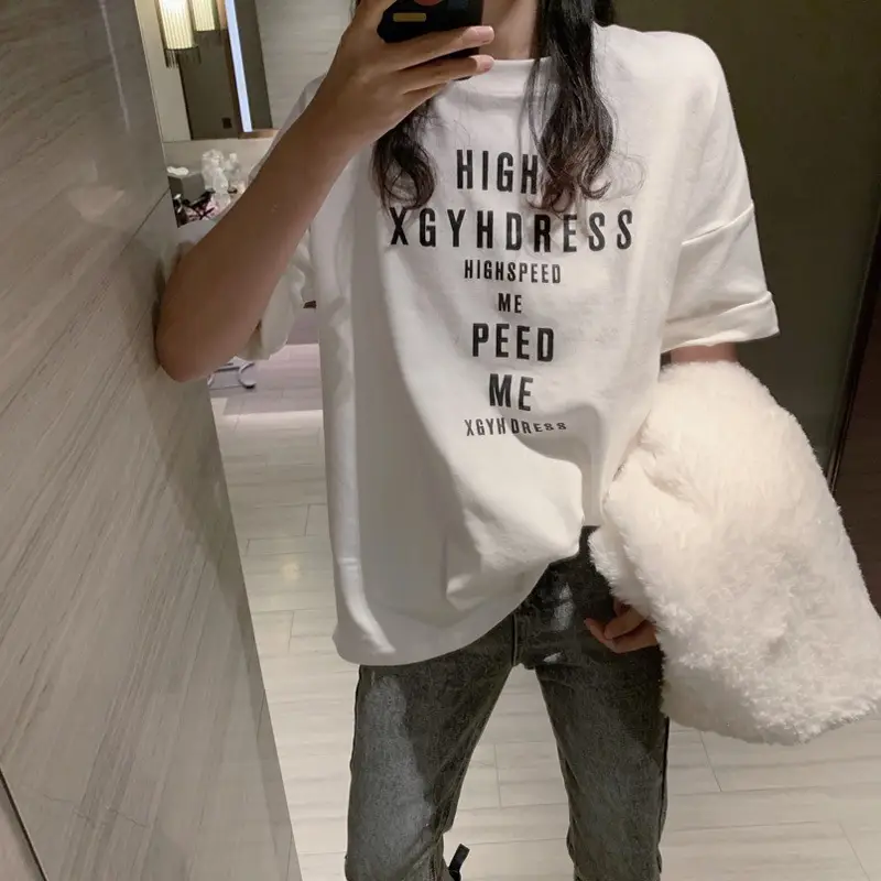 Women Loose Letter Print T-Shirt White Summer 2025 - Image 5