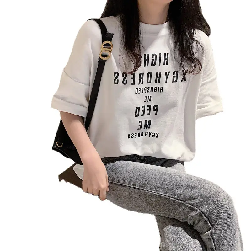 Women Loose Letter Print T-Shirt White Summer 2025 - Image 7