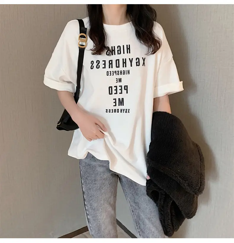 Women Loose Letter Print T-Shirt White Summer 2025 — feature 12