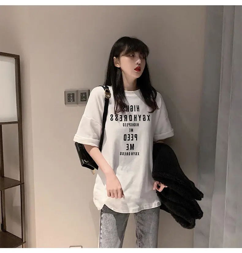 Women Loose Letter Print T-Shirt White Summer 2025 — feature 14