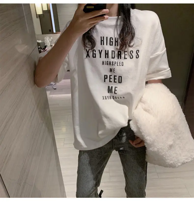 Women Loose Letter Print T-Shirt White Summer 2025 — feature 16